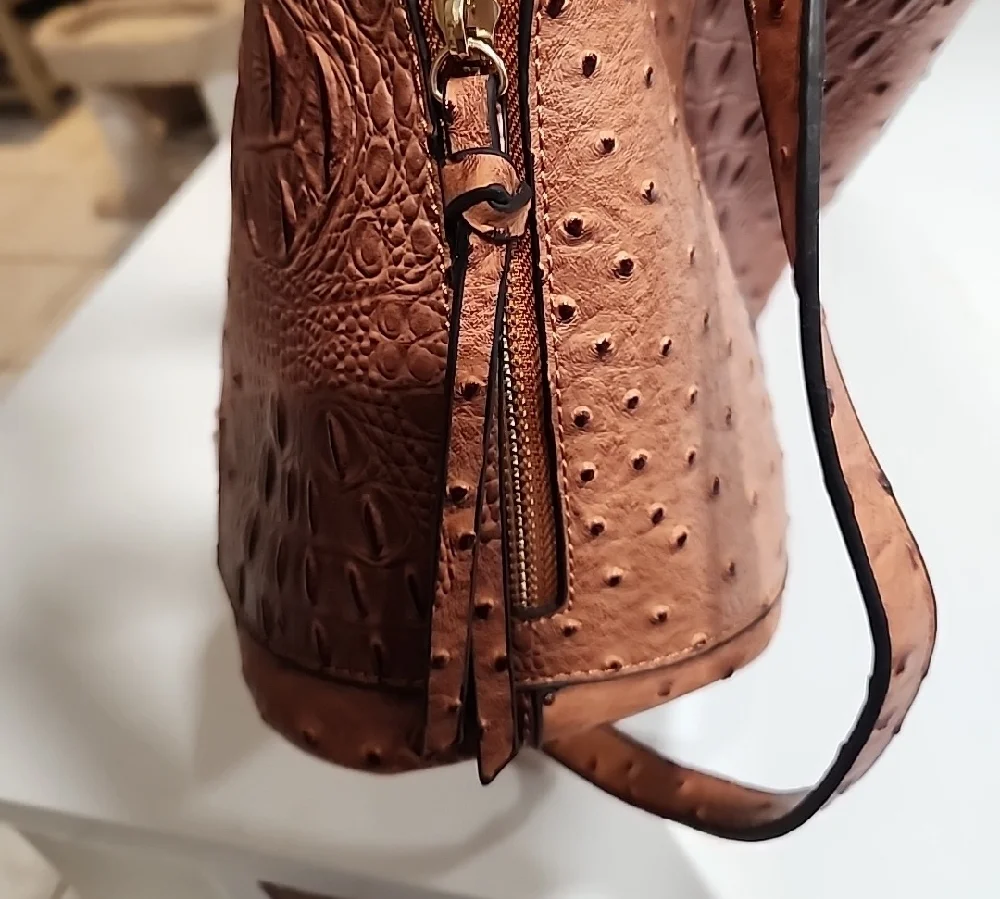 Elegant Brown Faux Ostrich Leather Handbag - Picture 4 of 12